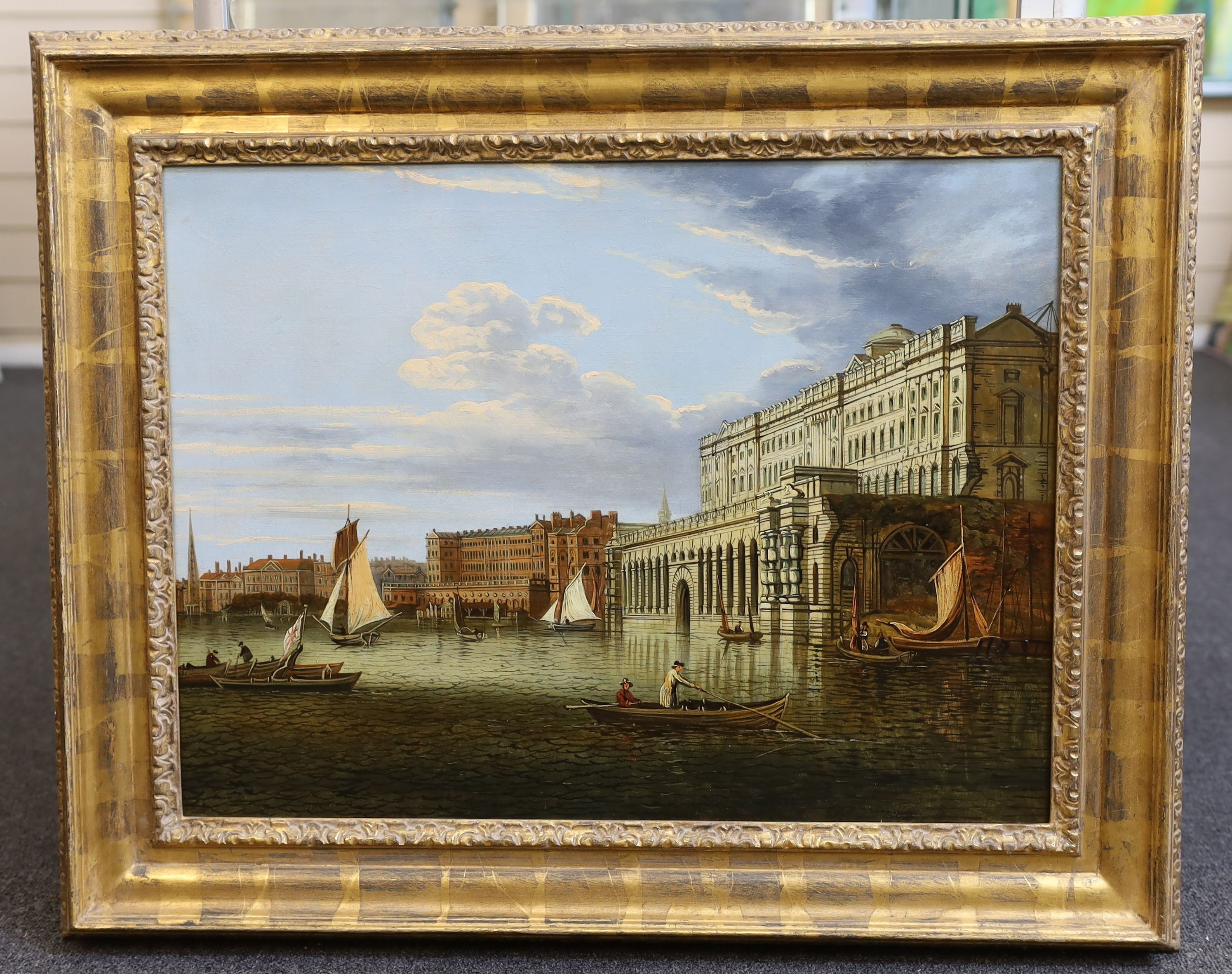 Circle of John Dean Paul (1775-1852), Somerset House and The Adelphi from the river, London, oil on canvas, 59.5 x 44.5cm